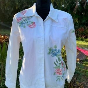 Petite 6 white denim jacket with flowers and beads